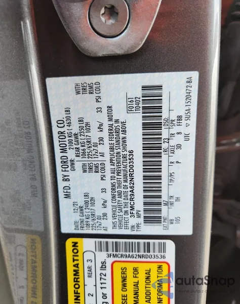 2022 Ford Bronco Sport из США, поврежденный, VIN 3FMCR9A62NRD03536